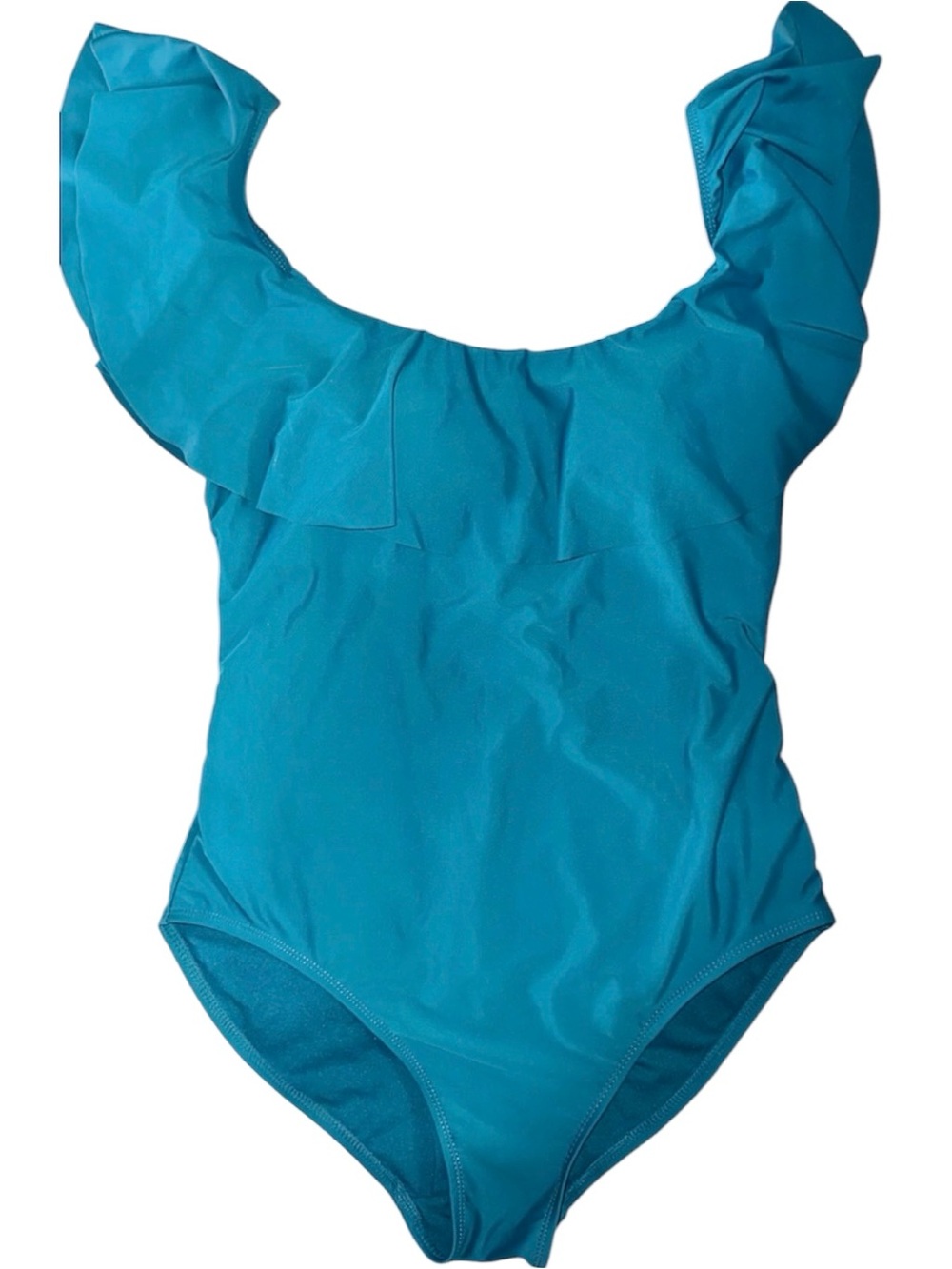 Women’s Shoulder Ruffle Swim One-Piece Teal Size large 12/14 stretchy NEW